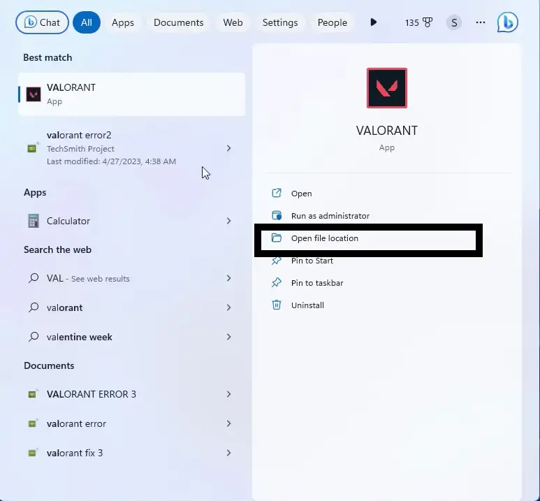 open the file location for Valorant