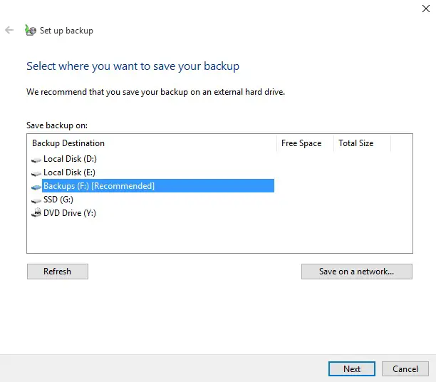 select dirve for backup