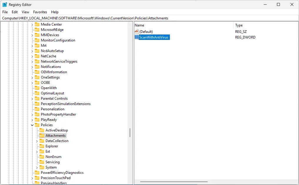 policies attachment registry key