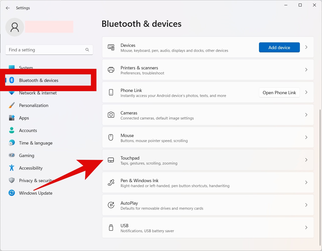 touchpad settings on Windows 11 laptop