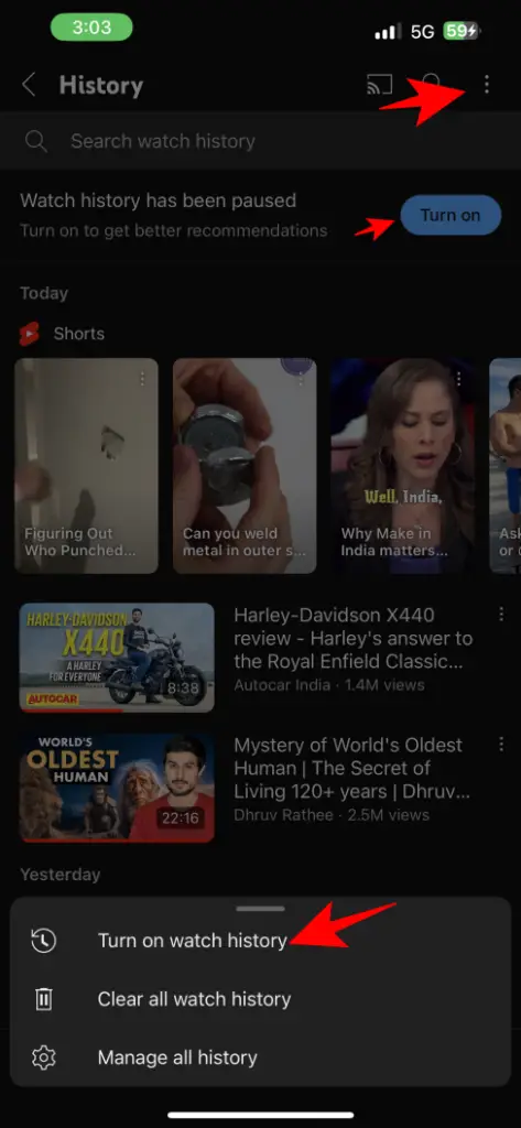 turn on watch history if youtube shorts are repeating