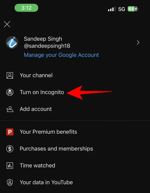turn on youtube incognito