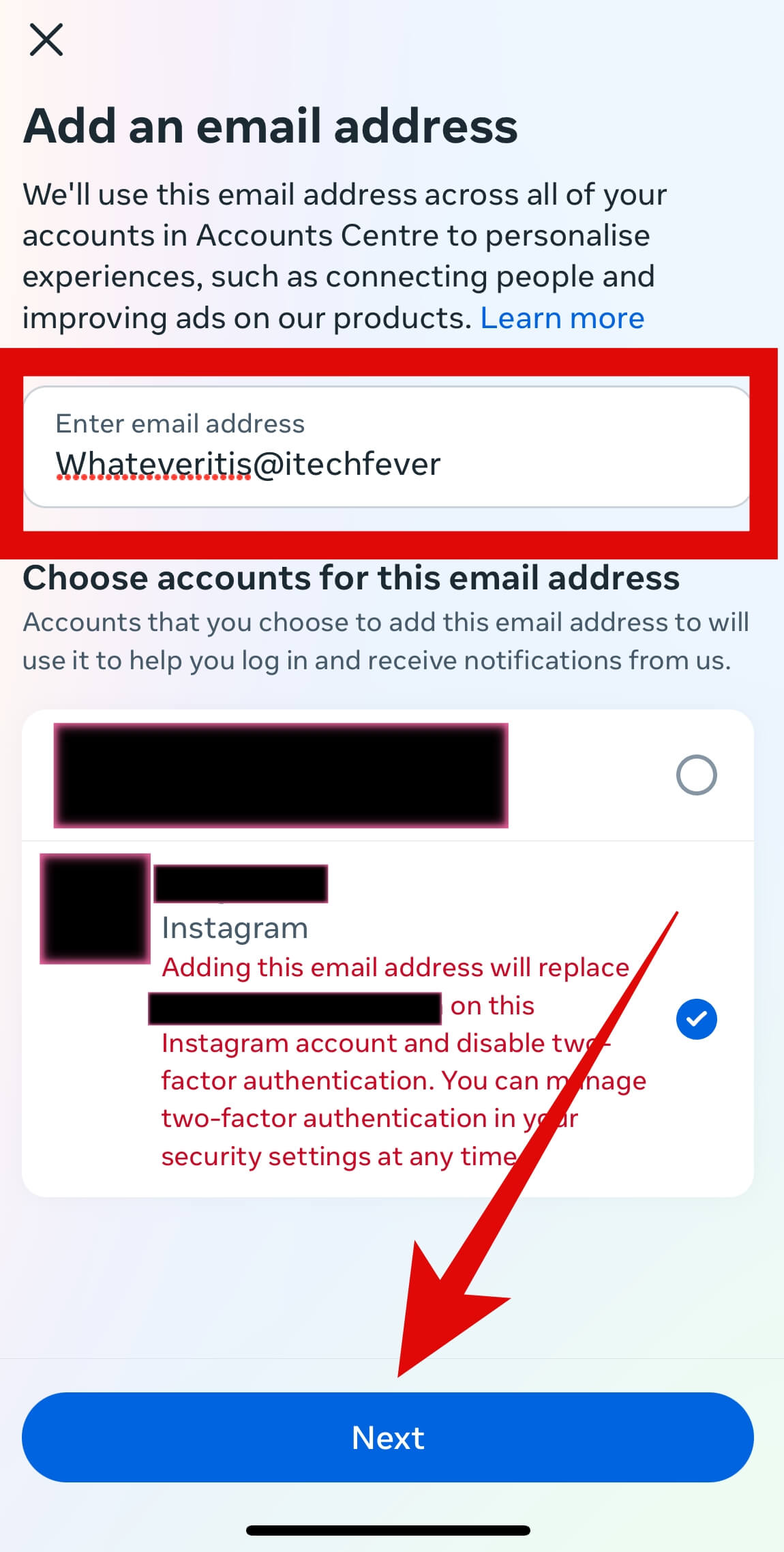 add an email address to Instagram