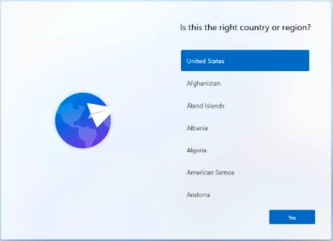 select country during Windows 11 installation